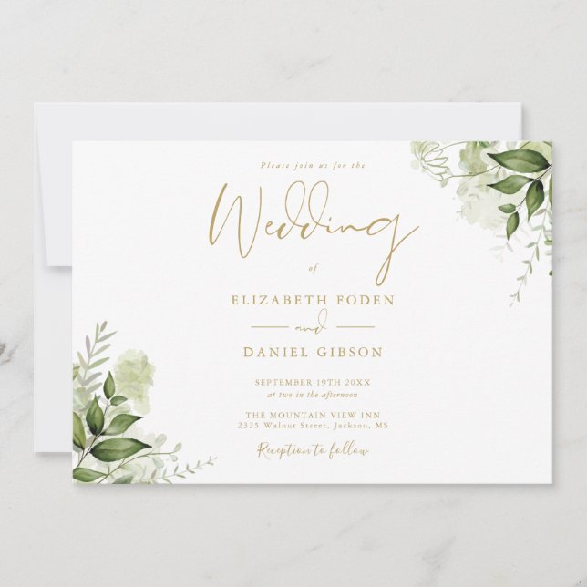 Greenery Floral Photo Elegant Gold Script Wedding Invitation (Front)