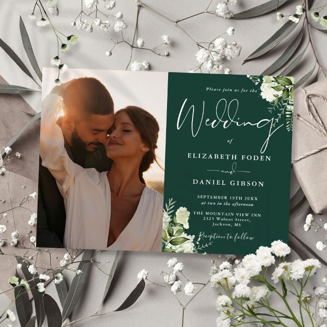 Greenery Floral Photo Emerald Green Wedding Invitation (Greenery Floral Photo Emerald Green Wedding Invitation)