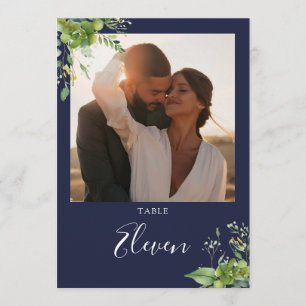 Greenery Floral Photo Navy Blue Table Number