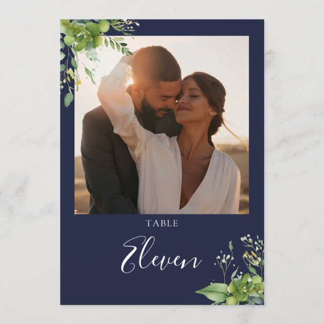 Greenery Floral Photo Navy Blue Table Number (Front)