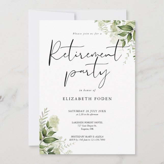 Greenery Floral Photo Script Retirement Party Invitation (Front)