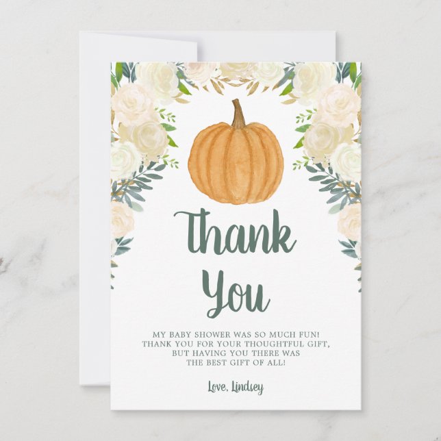 Greenery Floral Pumpkin Fall Baby Shower Flat Thank You Card (Front)