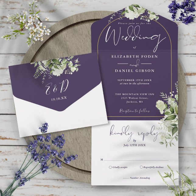 Greenery Floral Purple And Gold Arch Wedding All In One Invitation (Greenery Floral Purple And Gold Arch Wedding All In One Invitation)