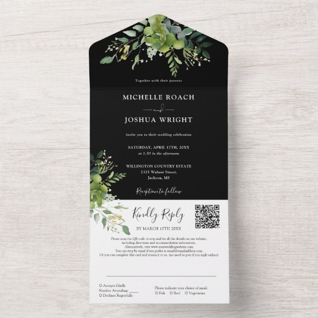 Greenery Floral QR Code Black And White Wedding All In One Invitation (Inside)