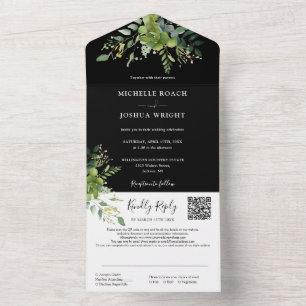 Greenery Floral QR Code Black And White Wedding All In One Invitation