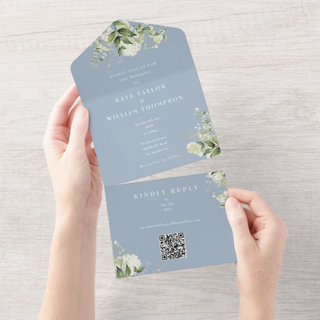 Greenery Floral QR Code Dusty Blue Wedding All In One Invitation (Tearaway)