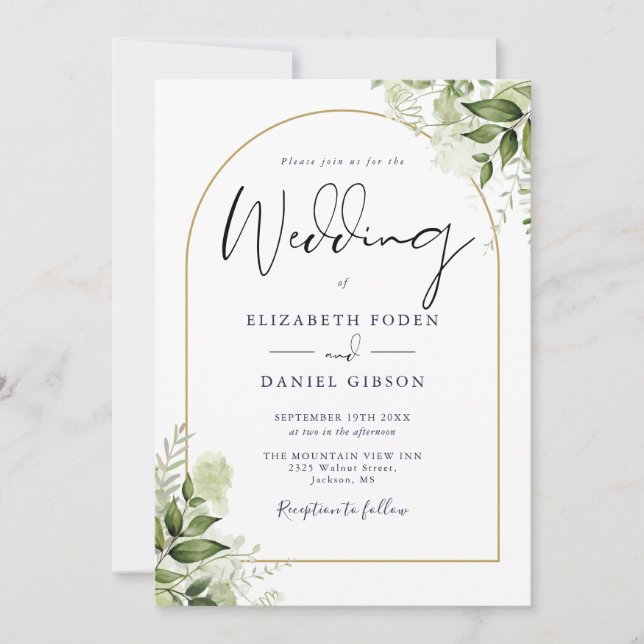 Greenery Floral QR Code Gold Arch Wedding Invitation (Front)