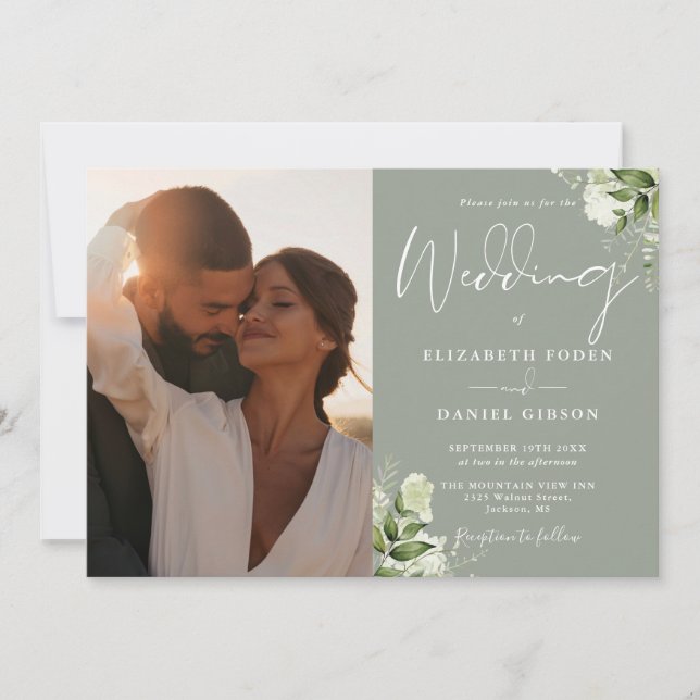 Greenery Floral QR Code Photo Sage Green Wedding Invitation (Front)