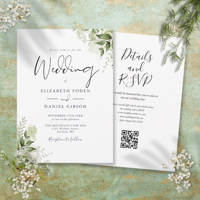 Greenery Floral QR Code Script Wedding Invitation (Greenery Floral QR Code Script Wedding Invitation)
