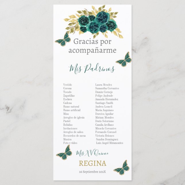 Greenery Floral Quinceañera Programme (Back)