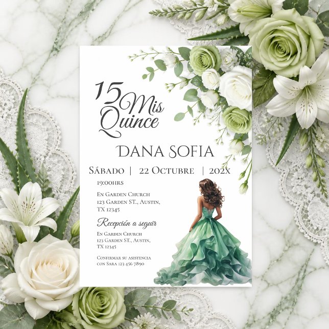Greenery Floral Quincenera in Spanish Invitation (Creator Uploaded)