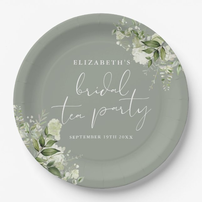 Greenery Floral Sage Green Bridal Shower Tea Party Paper Plate (Front)