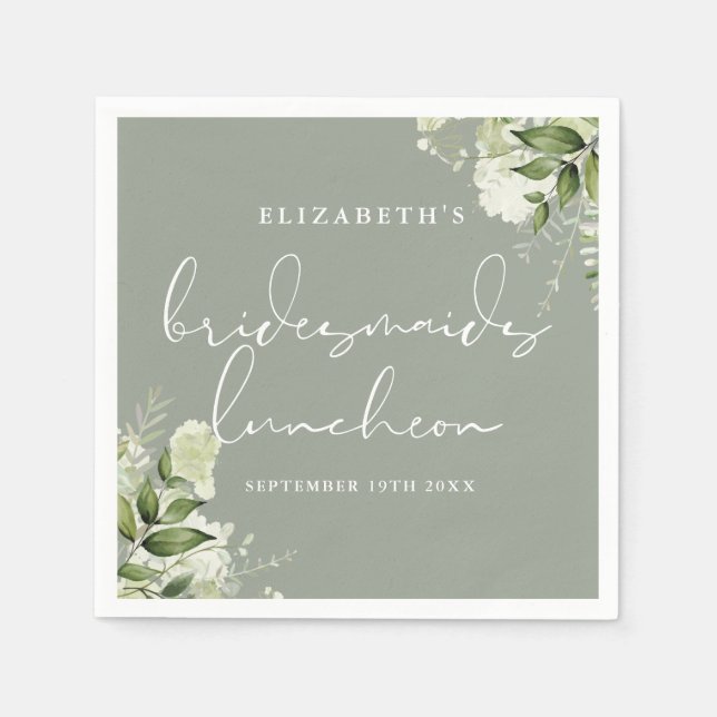 Greenery Floral Sage Green Bridesmaids Luncheon Napkin (Front)