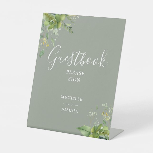 Greenery Floral Sage Green Guestbook Pedestal Sign (Front)