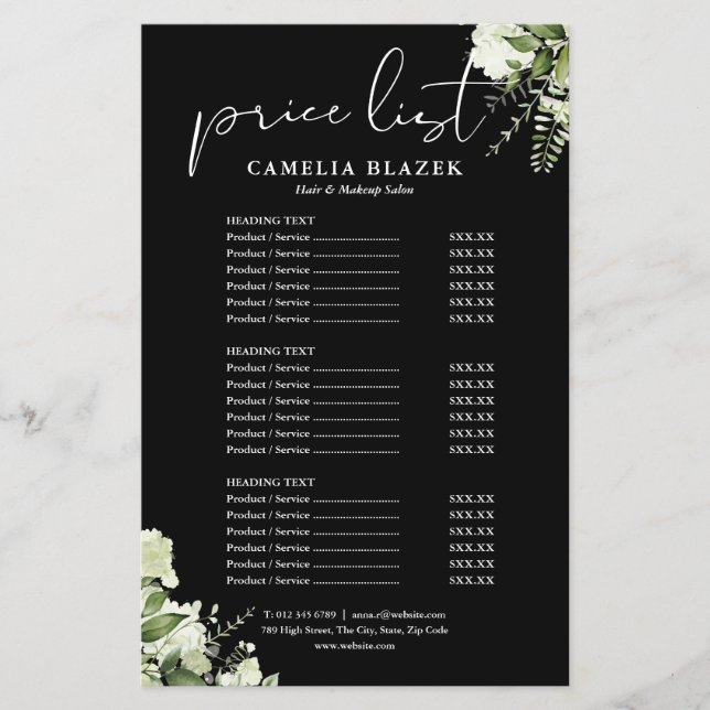 Greenery Floral Salon Service Menu Price List (Front)