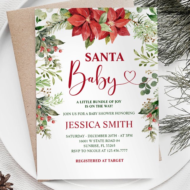 Greenery Floral Santa Christmas Baby Shower  Invitation (Creator Uploaded)