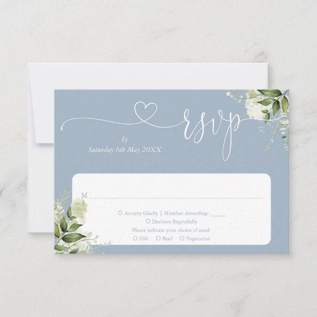 Greenery Floral Script Heart Dusty Blue RSVP Card (Front)
