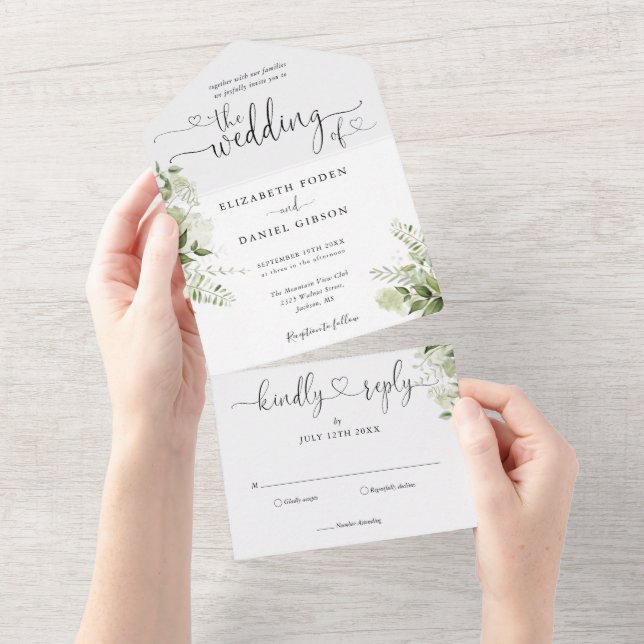 Greenery Floral Script Hearts Minimalist Wedding All In One Invitation (Tearaway)