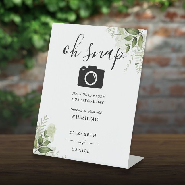 Greenery Floral Script Oh Snap Photo Pedestal Sign (Greenery Floral Script Oh Snap Photo Pedestal Sign)