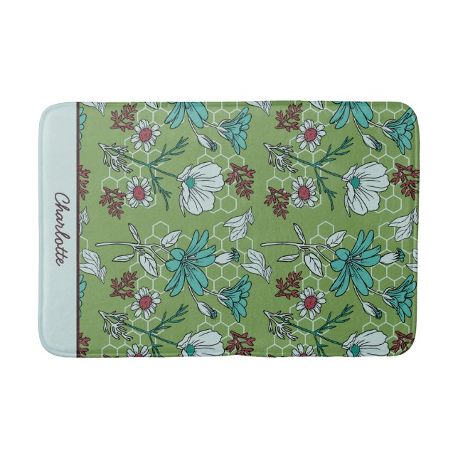 Greenery floral seamless pattern personalised name bath mat (Front)