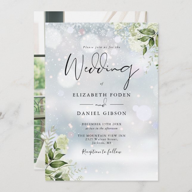 Greenery Floral Snowflakes Photo Winter Wedding Invitation (Front/Back)
