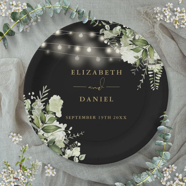 Greenery Floral String Lights Black Gold Wedding Paper Plate (Greenery Floral String Lights Black Gold Wedding Paper Plates)