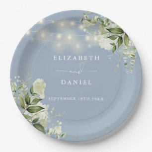 Greenery Floral String Lights Dusty Blue Wedding Paper Plate
