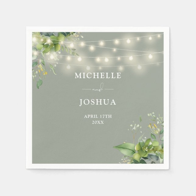 Greenery Floral String Lights Sage Green Wedding Napkin (Front)