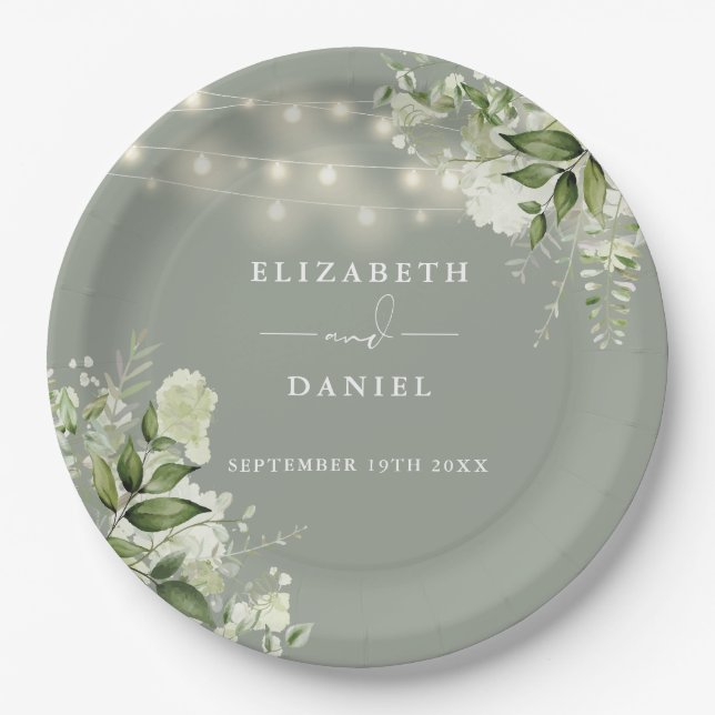 Greenery Floral String Lights Sage Green Wedding Paper Plate (Front)