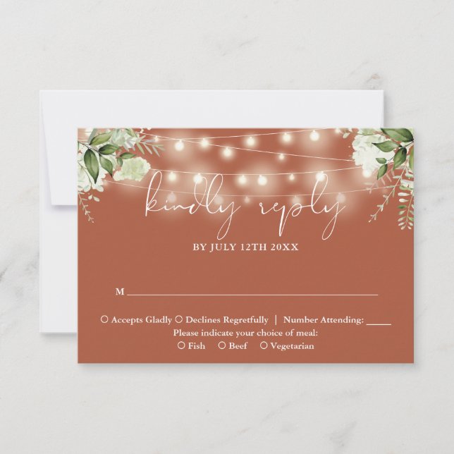 Greenery Floral String Lights Terracotta Wedding RSVP Card (Front)