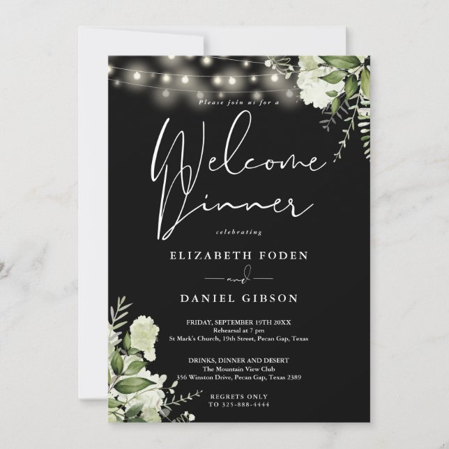 Greenery Floral String Lights Welcome Dinner Invitation (Front)