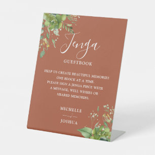 Greenery Floral Terracotta Jenga Wedding Guestbook Pedestal Sign