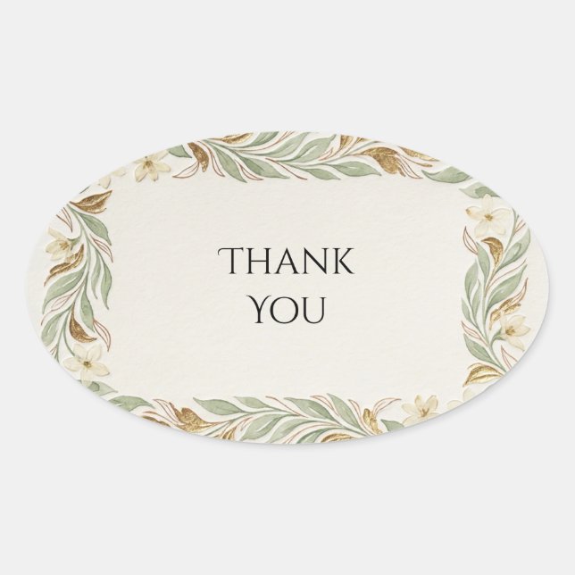 Greenery Floral Thank You Oval Sticker (Front)
