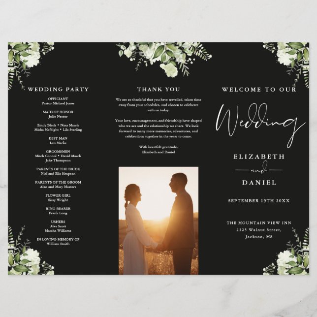 Greenery Floral Trifold Wedding Program Flyer (Front)