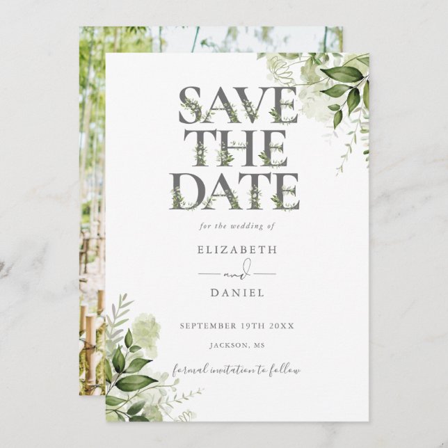 Greenery Floral Typography Photo Wedding Save The Date (Front/Back)