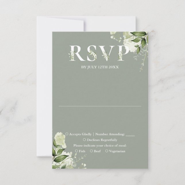 Greenery Floral Typography Sage Green Wedding RSVP Card (Front)