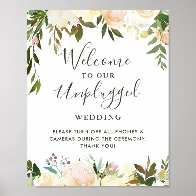 Greenery Floral Unplugged Wedding Ceremony Sign (Front)