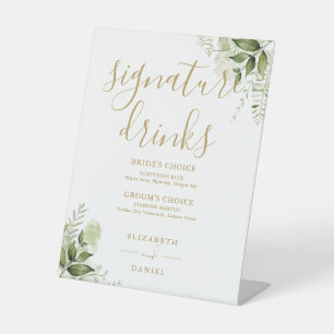 Greenery Floral Wedding Gold Signature Drinks Pedestal Sign