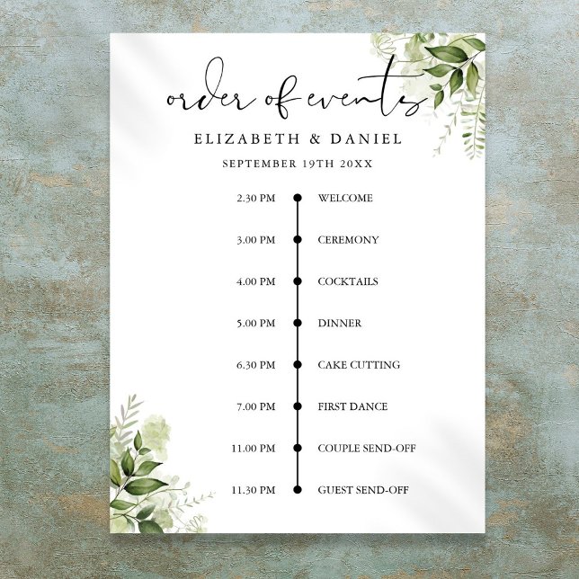 Greenery Floral Wedding Order Of Events Sign (Greenery Floral Wedding Order Of Events Sign)