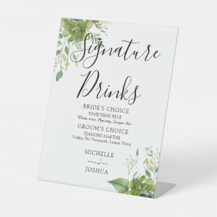 Greenery Floral Wedding Signature Drinks Pedestal Sign