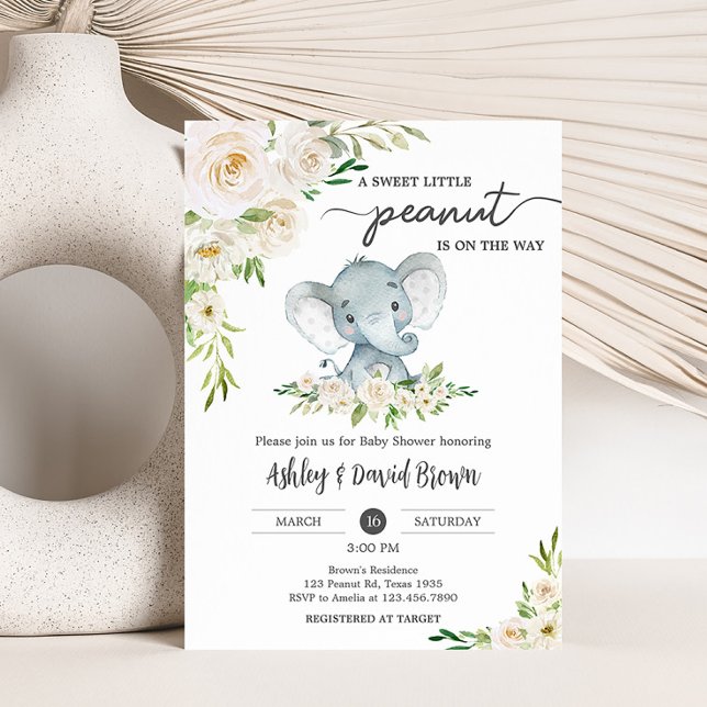 Greenery Floral White Elephant Baby Shower Invitation (A Little Peanut is on the Way Baby Shower Invitation)