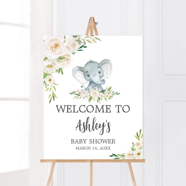 Greenery Floral White Elephant Baby Shower Welcome Poster (A Little Peanut is on the Way Baby Shower Welcome Sign)
