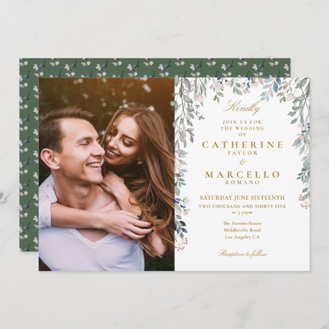 Greenery Floral Wildflowers Cascade Photo Wedding Invitation (Front/Back)