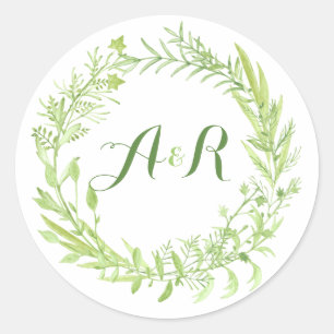 Greenery Floral Wreath Monogram Wedding Classic Round Sticker