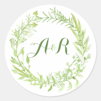 Greenery Floral Wreath Monogram Wedding Classic Round Sticker