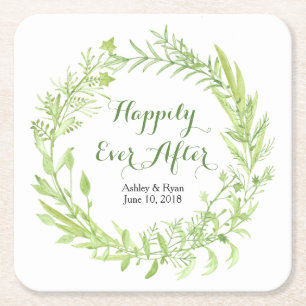 Greenery Floral Wreath Wedding Square Paper Coaster