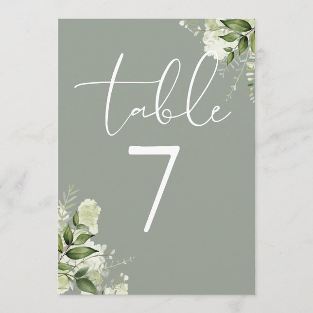 Greenery FloralSage Green Wedding Table Number (Front)