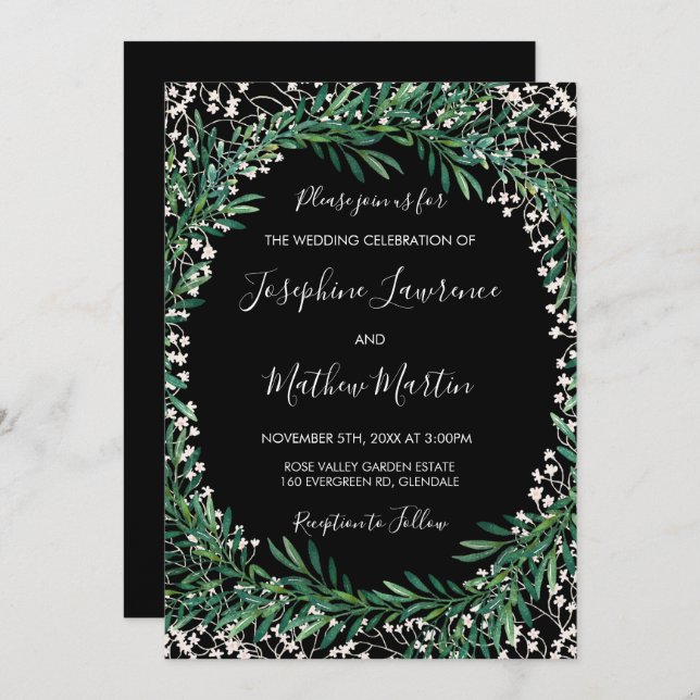 Greenery & Florets Black Wedding Invitations (Front/Back)