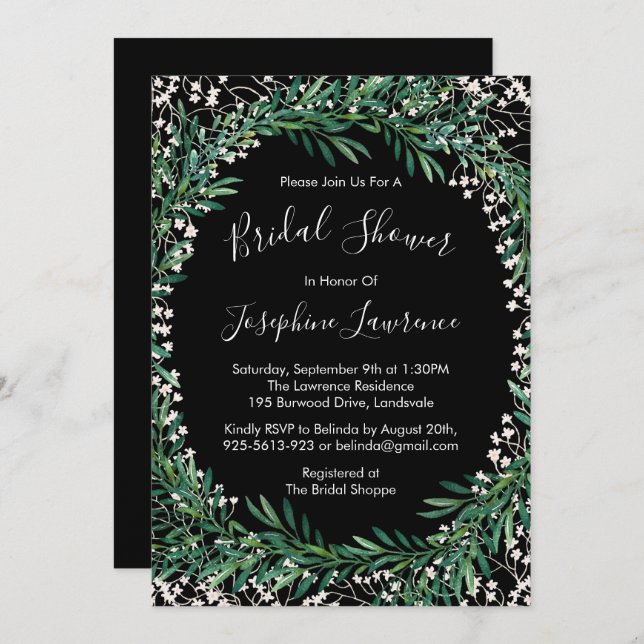Greenery & Florets Watercolor Black Bridal Shower Invitation (Front/Back)