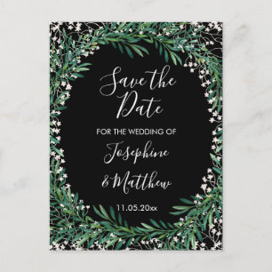 Greenery & Florets Watercolor Black Save the Date Announcement Postcard